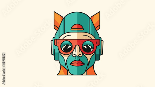 Futuristic cyborg head with vibrant colors and geometric design, looking forward.