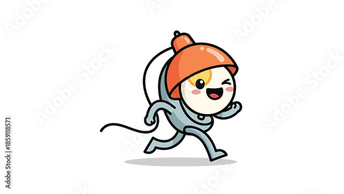 Cheerful egg character in a spacesuit running with a happy expression.