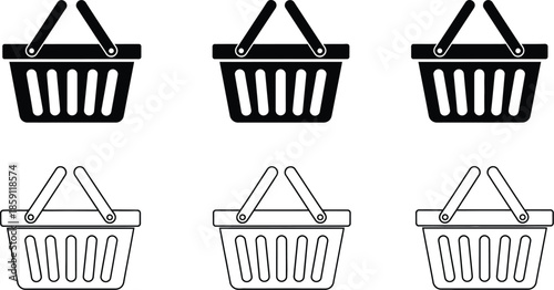 Three sets of shopping basket icons outline style on transparent background silhouette