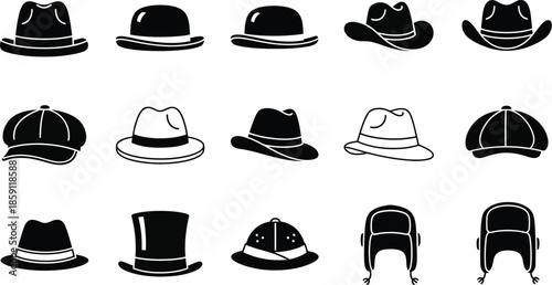 Collection of various hat styles and designs on transparent background silhouette