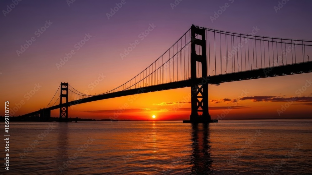 Fototapeta premium Majestic suspension bridge silhouetted against a breathtaking twilight sky reflecting vibrant colors