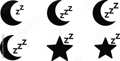 Black sleeping moon and star icons set on transparent background silhouette
