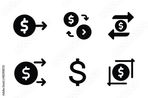 Set of money transfer and cash flow icons, financial transaction and currency exchange glyph symbols