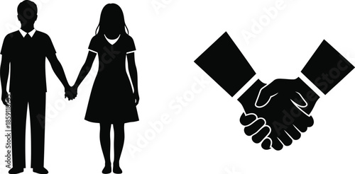 Couple holding hands and a handshake icon simple design on transparent background silhouette