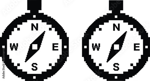 Two pixelated compasses displaying directions north south east and west on transparent background silhouette