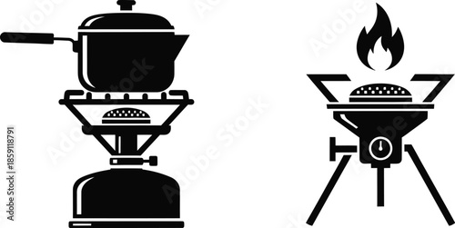 Black camping stove and portable grill silhouette on transparent background
