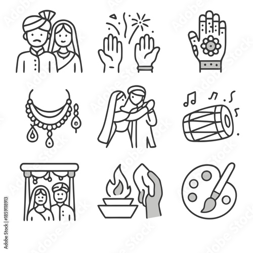 Indian wedding couple represents traditional ceremony elements. Suitable for wedding invitations, cultural events, and diverse celebrations in print or digital media.