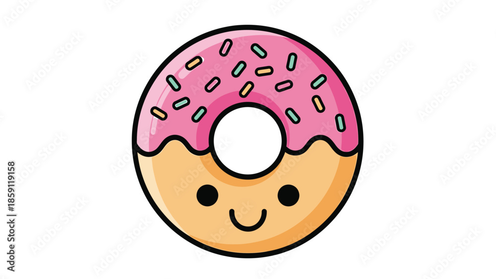 Fototapeta premium Cute cartoon donut with pink frosting and colorful sprinkles, delicious dessert.