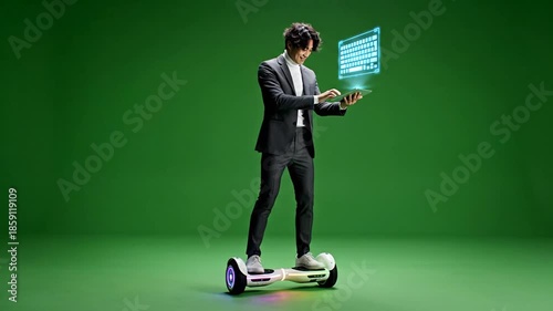 Businessman balancing on hoverboard with glowing tablet