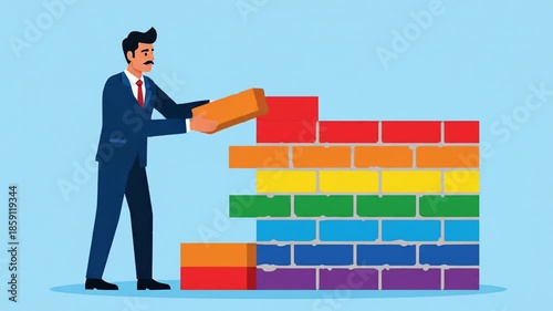 Businessman Building Colorful Brick Wall in Office