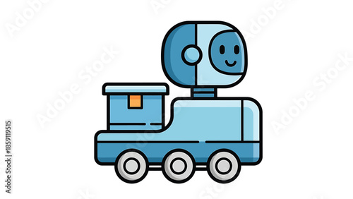 Cute robot train with a smiling face and a box on its back, ready to deliver.
