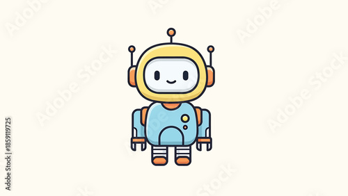 Cute cartoon robot character with a friendly face and antenna design.