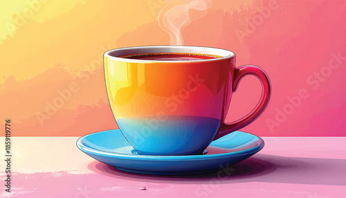 Colorful Cup of Tea with Steam on a Saucer.