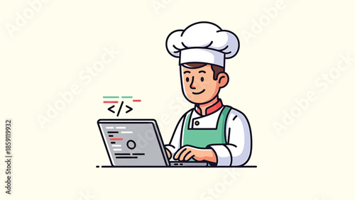 Chef coding on laptop, creating recipes and culinary software solutions.