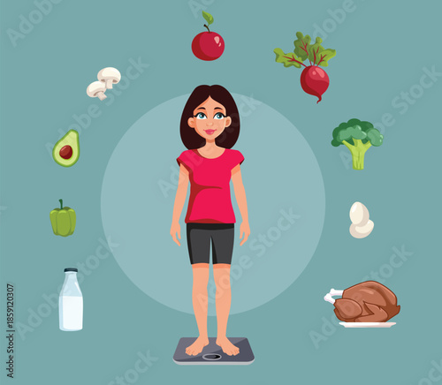 Woman with Optimal Weight Surrounded by Healthy Diet Vector Illustration. Lady being surrounded by healthy eating choices 
