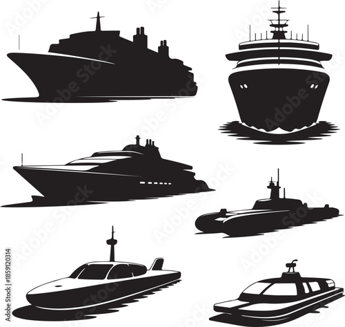 Collection of different types of ships and boats silhouette illustration