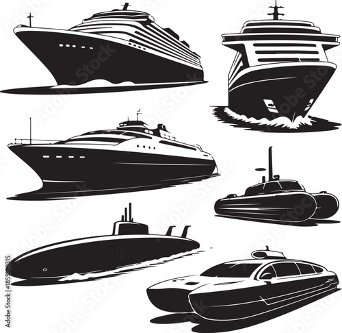 Collection of different types of ships and submarines illustration