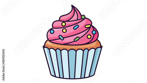 Delicious cupcake with pink frosting and colorful sprinkles, a sweet treat.