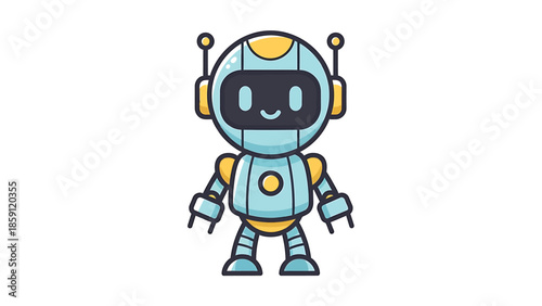 Cute cartoon robot character with antennas and friendly expression.