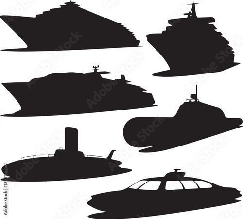 Collection of different ship and boat silhouettes isolated on transparent background
