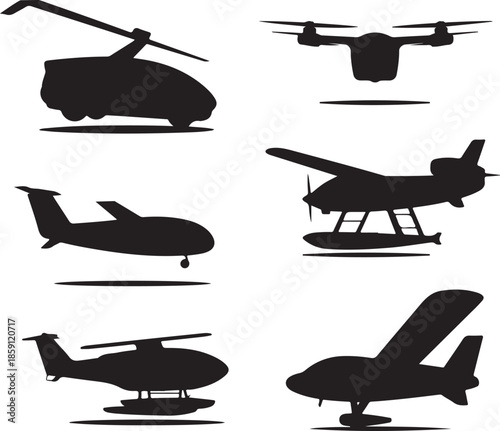 Collection of different aircraft silhouettes isolated on transparent background