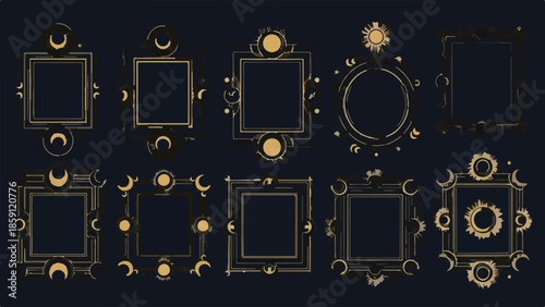 Set of Mystical Golden Celestial Frames with Moon and Sun Motifs