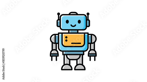 Cute cartoon robot with a blue body and antenna standing upright.