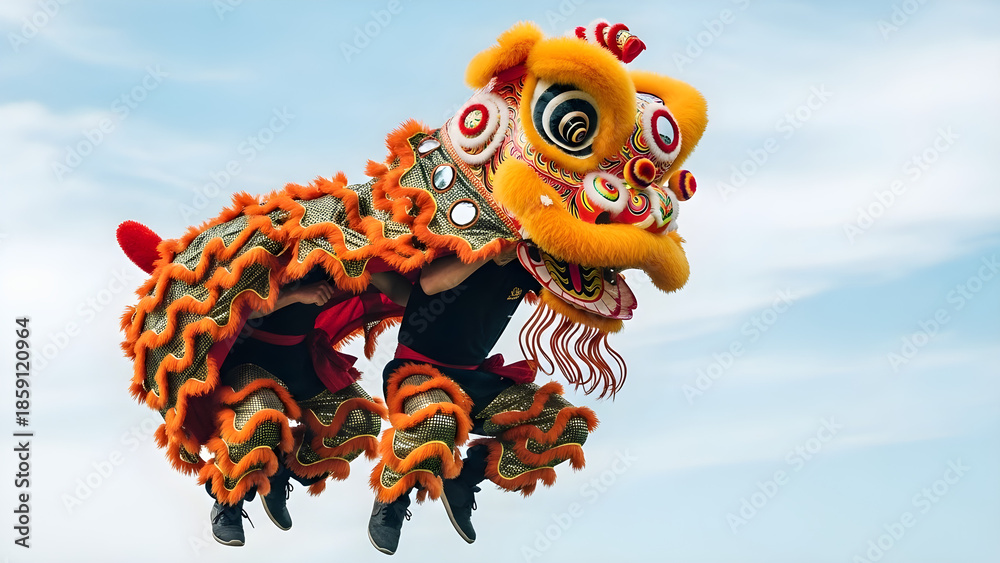 Naklejka premium Chinese Lion Dance Performance Jumping in Mid Air with Clear Blue Sky