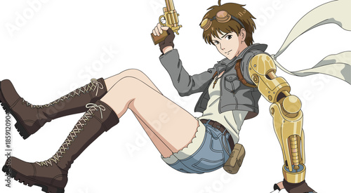 Steampunk anime girl with cyborg arm and pistol, dynamic action heroine illustration, futuristic fantasy adventure character, isolated flat vector