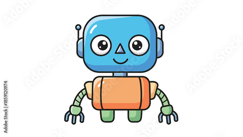 Cute cartoon robot with a blue head and orange body, smiling happily.