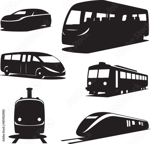 Collection of various transportation vehicles in silhouette style