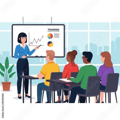 Businesswoman leading a training session for diverse employees in an office setting.