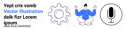 Mindfulness, technology, communication, education, self-improvement, broadcasting. Gear, meditating person and microphone icons with text. Mindfulness and technology concept