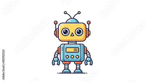 Cute cartoon robot with antennas and big eyes, standing upright, isolated.