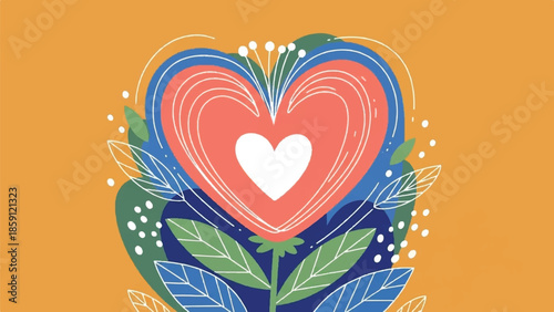 Vibrant Modern Folk Art Heart Flower Illustration with Textured Leaves and Ochre Background for Romantic Stationery