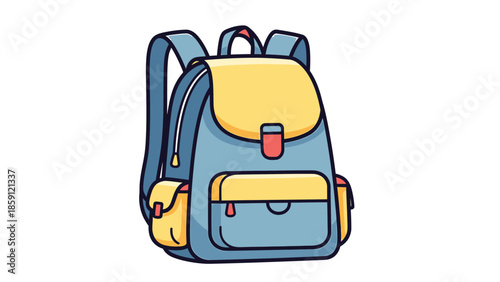Colorful school backpack with multiple compartments and straps for carrying books and supplies.