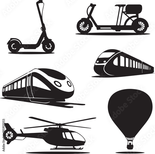 Collection of modern transport and travel vehicles in silhouette style