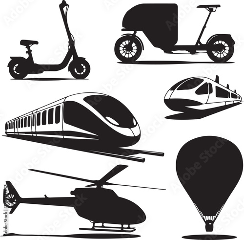 Collection of modern transport and vehicle silhouettes isolated