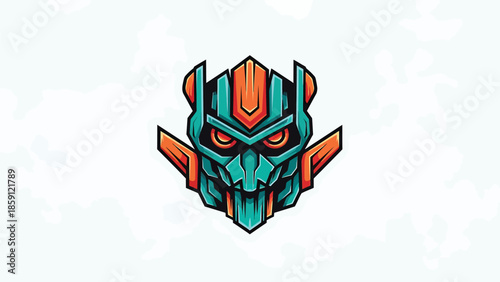Intense robotic head illustration with vibrant colors and sharp details.