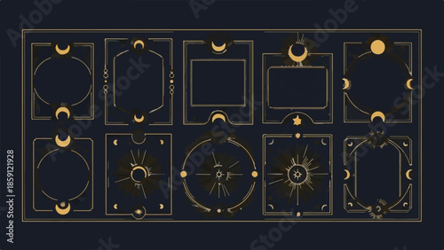 Set of Golden Mystical Celestial Vector Frames and Borders on Dark Blue Background