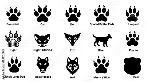 Wild animal paw tracks and predator face silhouette set