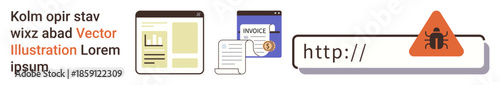 Cybersecurity, malware, data protection, online threats, internet safety, document security. Documents, invoice and alert triangle with bug on a URL. Cybersecurity and malware concepts