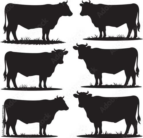 Collection of six cow silhouettes isolated on transparent background