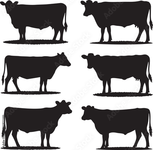 Six different silhouettes of cows isolated on transparent background