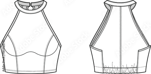 Fashion technical line drawing of halter neck crop top with structured bust seams and elastic hem front and back view