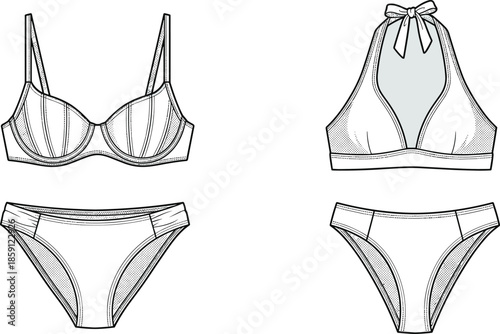 Fashion technical line drawing of women’s bikini set featuring bra top and halter neck swimwear with matching briefs illustration
