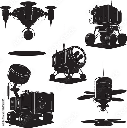 Collection of futuristic robots and drones in various designs isolated