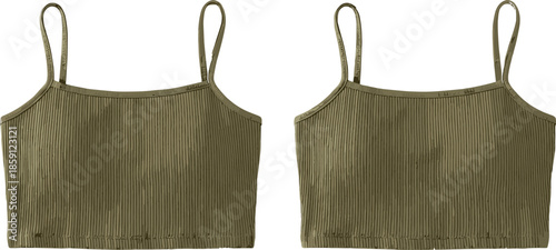 Minimal fashion illustration of ribbed spaghetti strap crop tank top in olive green front and back view apparel design
