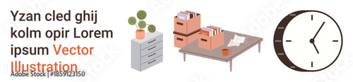 Office organization, workflow management, time tracking, productivity concepts, interior decor, workplace visuals. Desk with file boxes, clock plant and cabinet. Office organization and workflow