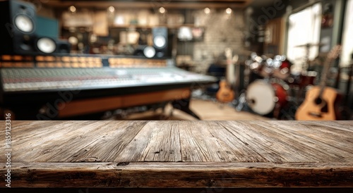 Vintage Wood Tabletop with Blurred Recording Studio and Musical Instruments.